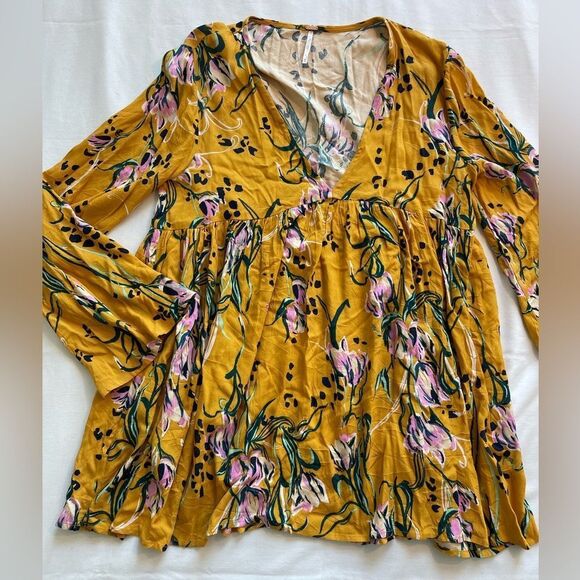 Free People Women's Bella Golden Yellow Floral Tunic V Neck Mini Dress Size XS - Picture 3 of 7